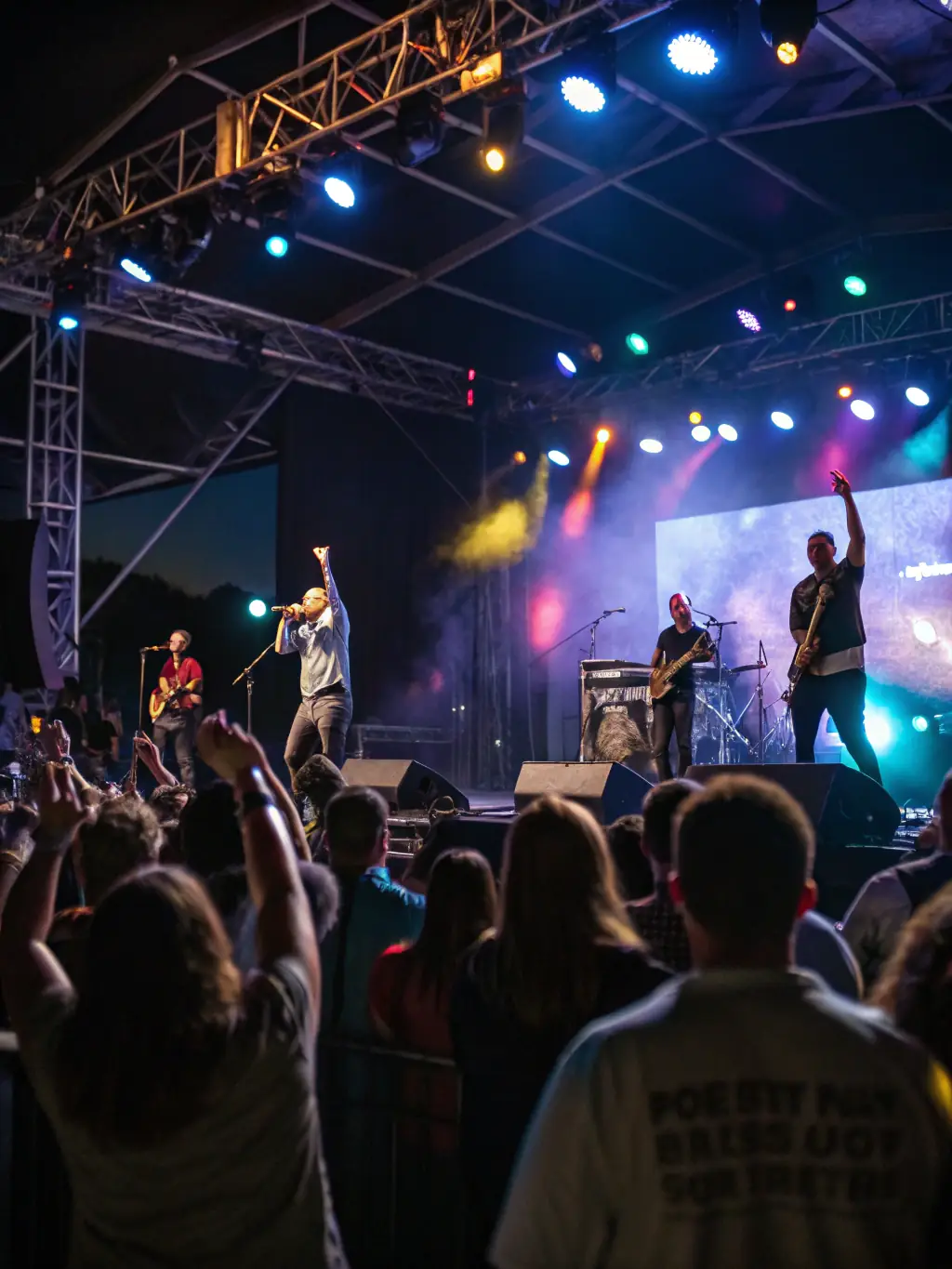 A vibrant photograph of a live music performance, featuring a band playing on stage with an enthusiastic crowd, promoting an upcoming concert at the venue.