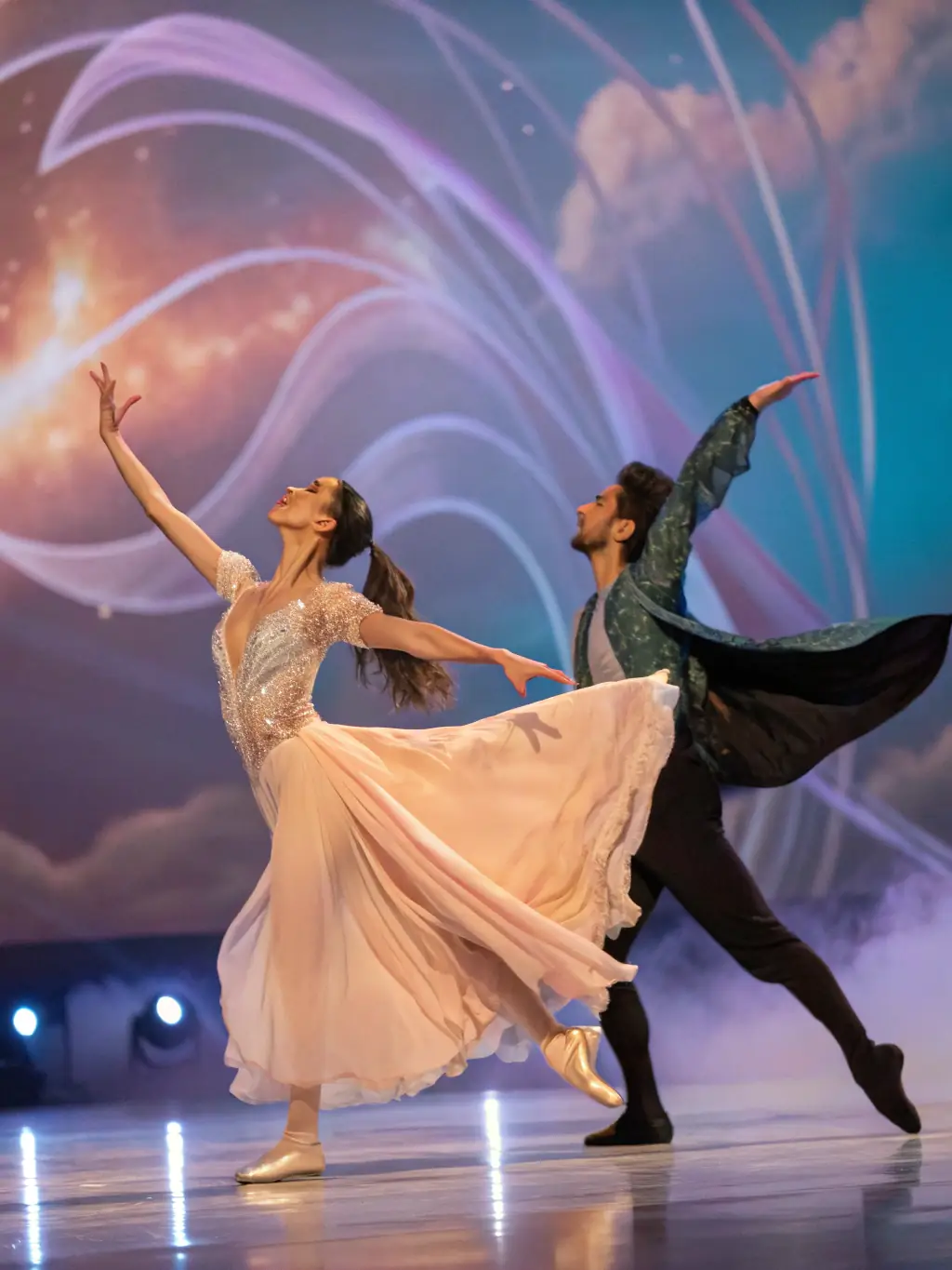 A dynamic image of a dance performance, showing dancers in motion with colorful costumes, advertising an upcoming dance event at THEATRE DE L'INEDIT.