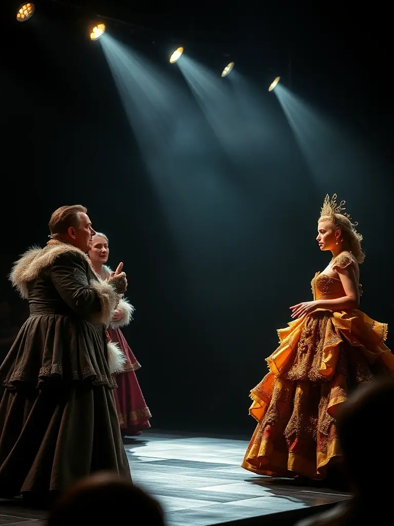 A captivating image of a theatrical performance, showcasing actors in costume on stage with dramatic lighting, representing an upcoming play at THEATRE DE L'INEDIT.