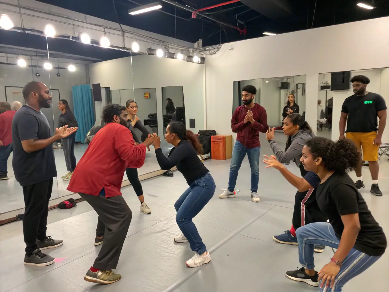 A group of participants actively engaged in an acting workshop, led by an instructor, in a studio setting at THEATRE DE L'INEDIT BISTROT DE LA SCENE.