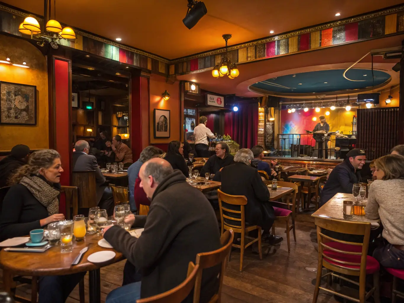 A lively image of a musical performance at the bistro, featuring musicians playing instruments and an audience enjoying the music in an intimate setting.