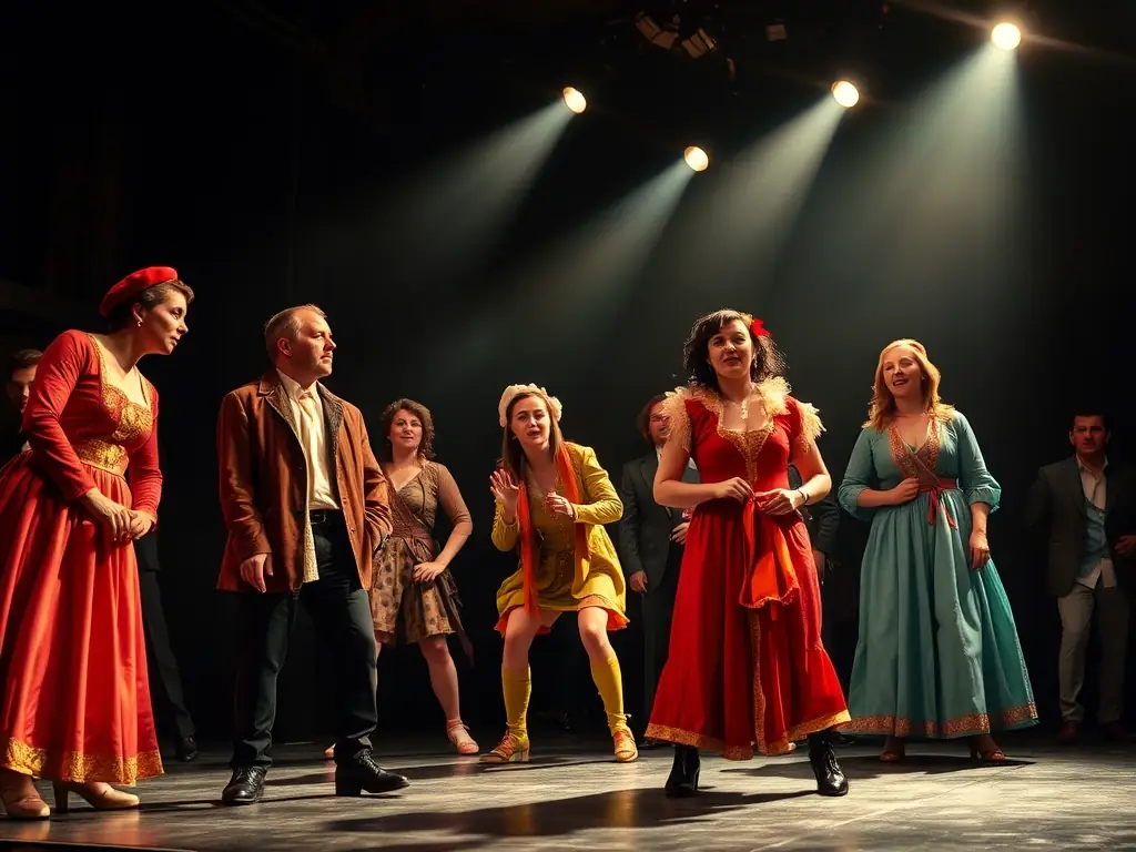 A vibrant photograph capturing a scene from a recent theatrical production at THEATRE DE L'INEDIT BISTROT DE LA SCENE, showcasing actors in costume on stage with dynamic lighting.